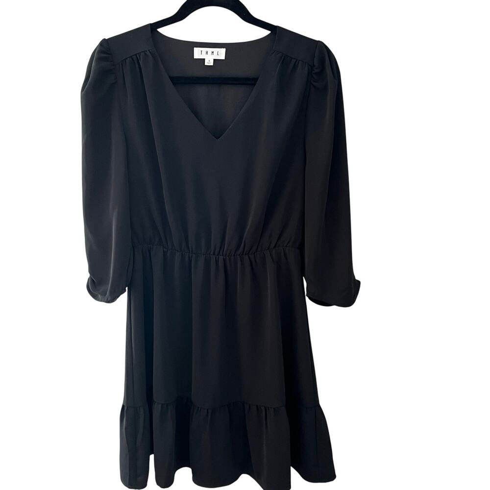 THML Mini Dress Black Small Ruffle Long Sleeve V Neck